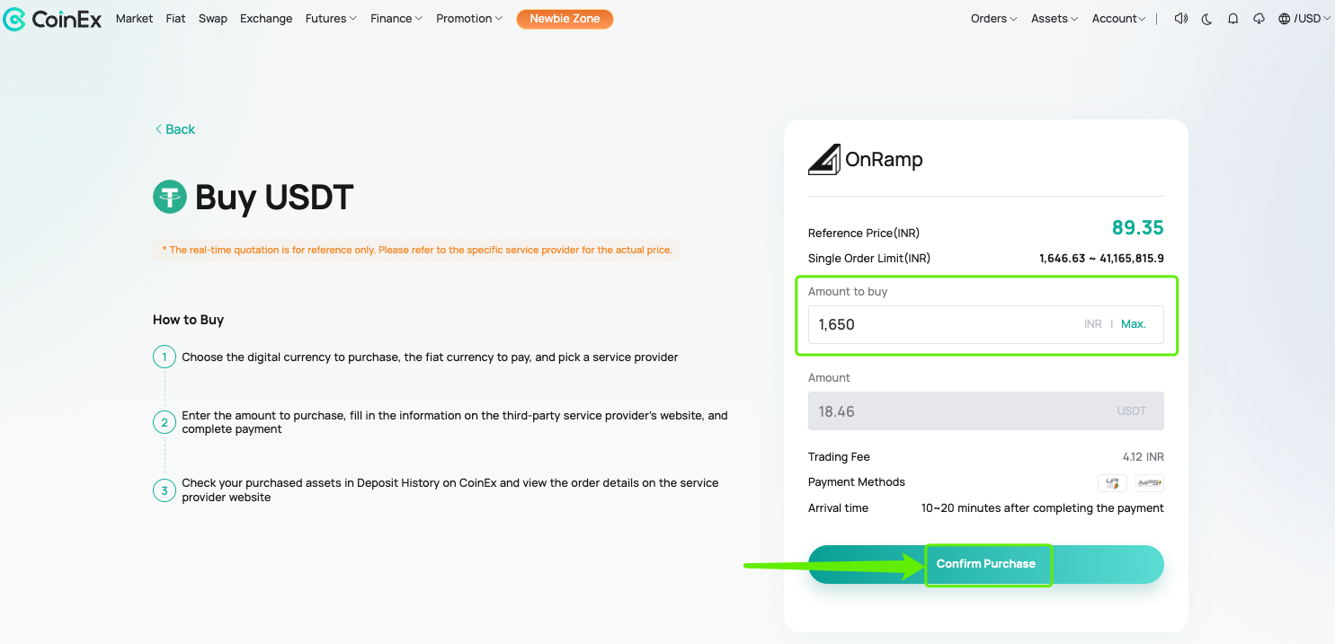How To Buy Cryptos Via Onramp Coinex Help Center