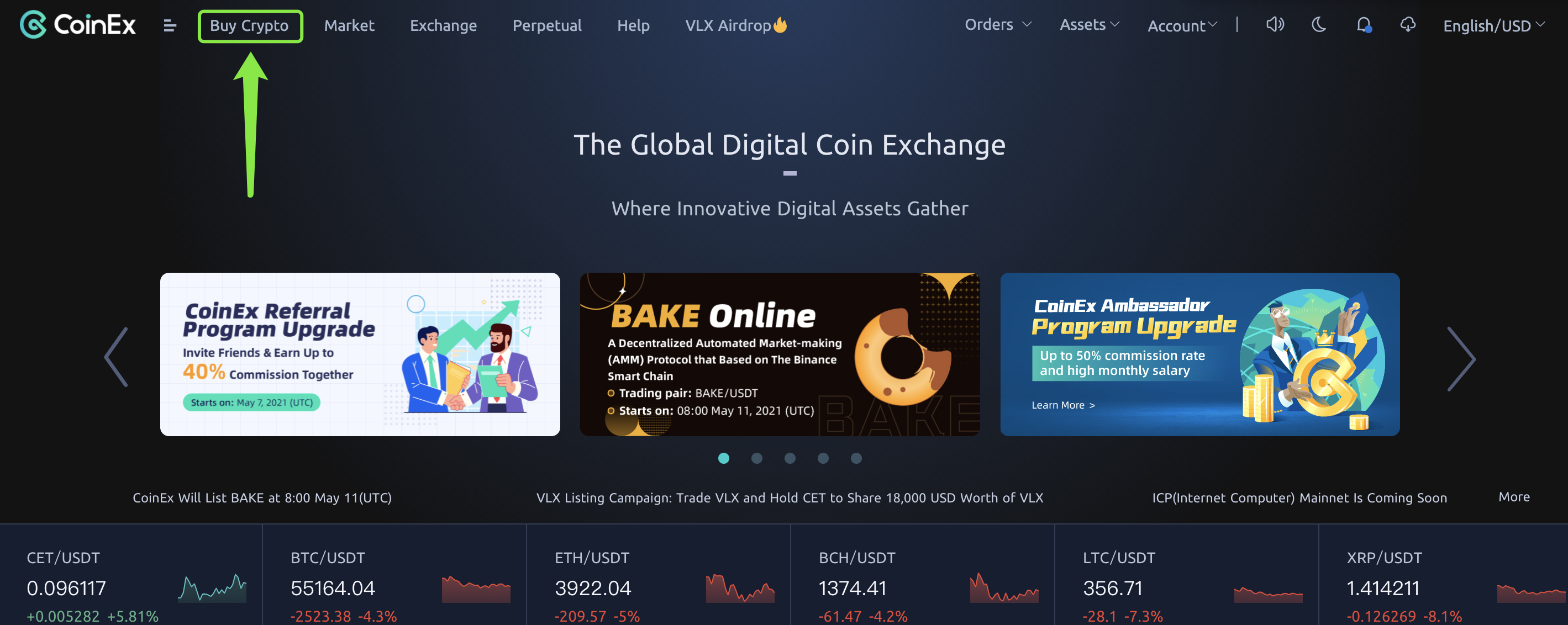 how to buy crypto on coinex